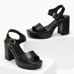 Πέδιλα δερμάτινα με χοντρό τακούνι Tfp - Μαύρο -Γόβες Εκπτώσεις dermatina pedila tfp me xontro takouni 102870 bca5 1