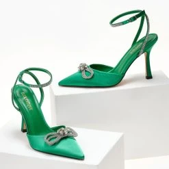 The Fashion Project Γόβες σατέν με μπαρέτα και Strass - Πράσινο -Γόβες Εκπτώσεις goves muteres me strass fiogko 104644 skwk