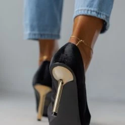 The Fashion Project Γόβες μυτερές βελουτέ - Μαύρο -Γόβες Εκπτώσεις goves veloute me metalliko takouni 107144 px7p 1