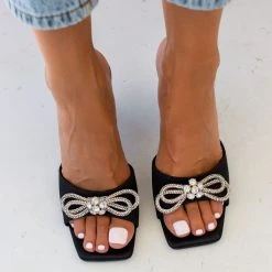 The Fashion Project Mules σατέν με Strass φιόγκο - Μαύρο