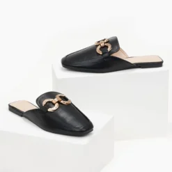 The Fashion Project Mules Flat σε καρέ γραμμή - Μαύρο -Γόβες Εκπτώσεις mules se kare grammi xwris takouni 100116 sprv