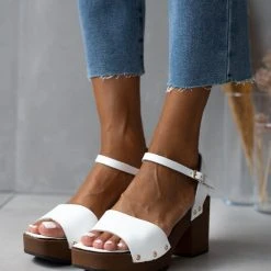 Πέδιλα δερμάτινα Estil με ξύλινη σόλα - Λευκό