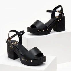 Πέδιλα δερμάτινα Estil με ξύλινη σόλα - Μαύρο