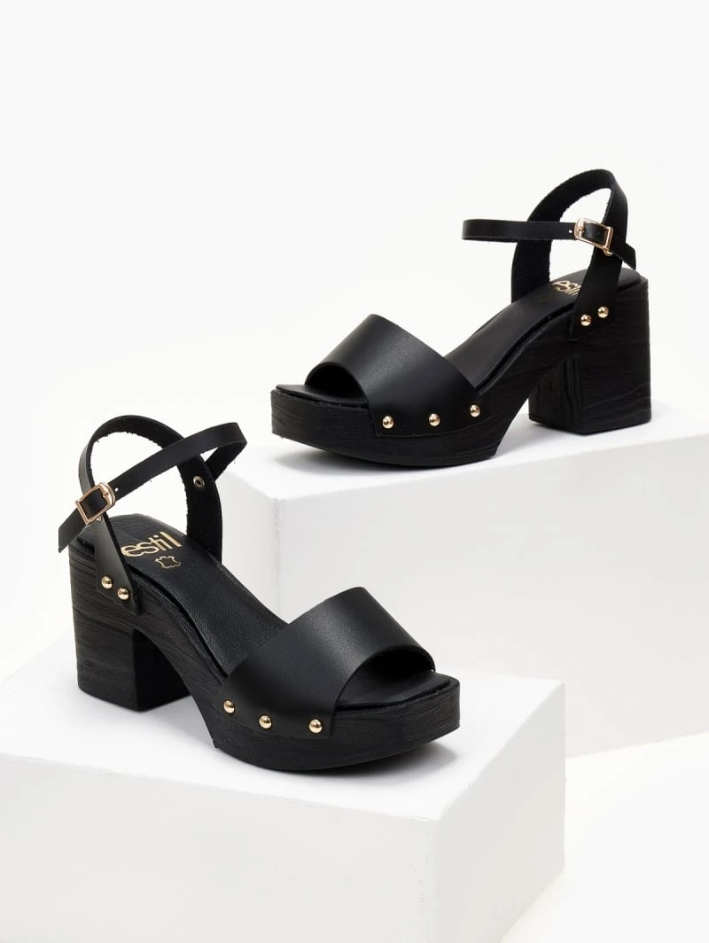 Πέδιλα δερμάτινα Estil με ξύλινη σόλα - Μαύρο 1 Πέδιλα δερμάτινα Estil με ξύλινη σόλα - Μαύρο