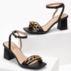 The Fashion Project Πέδιλα καρέ με αλυσίδα - Μαύρο -Γόβες Εκπτώσεις pedila kare me alusida 101898 96ke