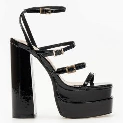 The Fashion Project Πέδιλα Platform λουστρίνι με λεπτά λουράκια - Μαύρο