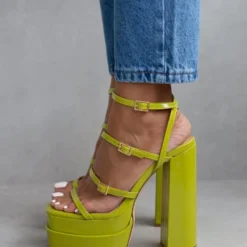 The Fashion Project Πέδιλα Platform λουστρίνι με λεπτά λουράκια - Λαχανί