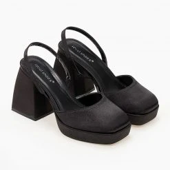 The Fashion Project Πέδιλα σατέν με χοντρό τακούνι - Μαύρο -Γόβες Εκπτώσεις pedila saten me xontro takouni 102032 savu