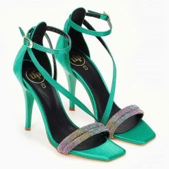 Πέδιλα σατέν TFP με διπλή σειρά Strass - Σμαραγδί -Γόβες Εκπτώσεις pedila saten tfp me dipli seira strass 100647 fdwk