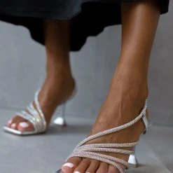 Πέδιλα TFP δερμάτινα με ιριδίζον Strass - Ασημί