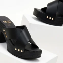 Τσόκαρα δερμάτινα με χιαστί φάσες Estil - Μαύρο